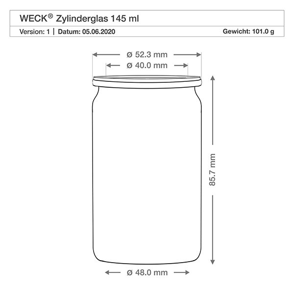 145ml Zylinderglas WECK RR40 mit Korken natur WECK Zylinderglas 145ml technische Zeichnung mit Maßen Durchmesser 48mm Höhe 85,7mm Gewicht 101g RR40 Spezifikation