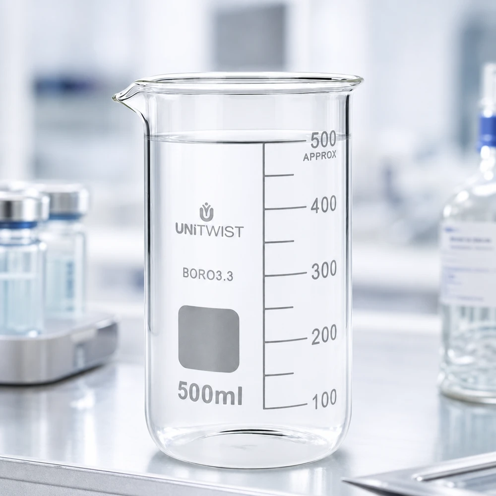 Hitzebeständiges Becherglas 500ml Boro 3.3 hohe Form mit grauem Beschriftungsfeld UNITWIST