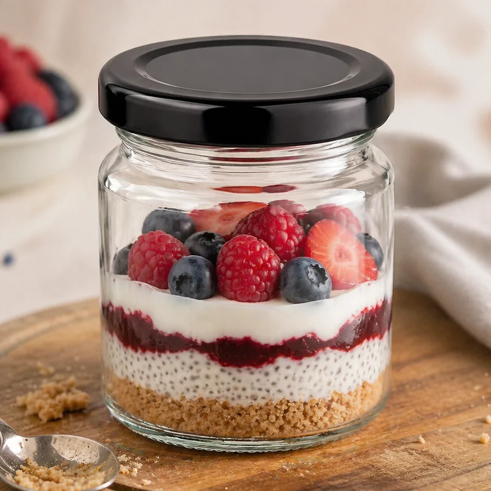 53ml Rundglas mit BasicSeal Deckel schwarz UNiTWIST 53ml Rundglas mit schwarzem BasicSeal Deckel als Dessertglas mit Chia-Pudding und gemischten Beeren gefüllt