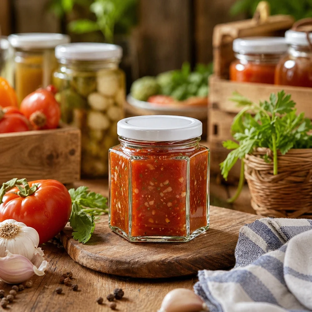 47ml Hexaglas mit BasicSeal Deckel weiß UNiTWIST 47ml Hexaglas mit BasicSeal Deckel gefüllt mit Tomatensauce zwischen frischen Tomaten und Kräutern auf Holzbrett