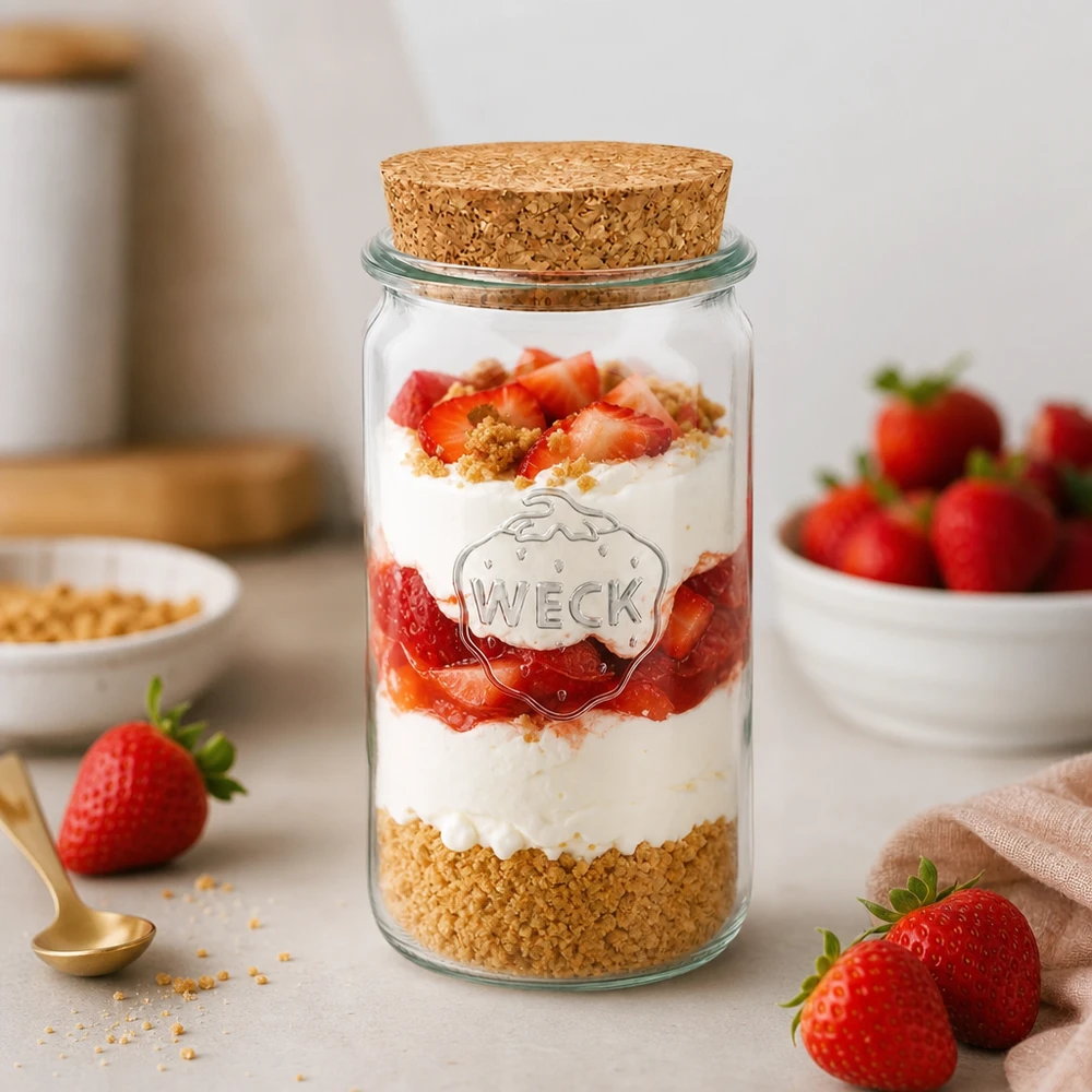 WECK Glas 340ml RR60 als Dessertglas mit Erdbeeren und Sahne gefüllt zeigt vielseitige Verwendung des Korkglases