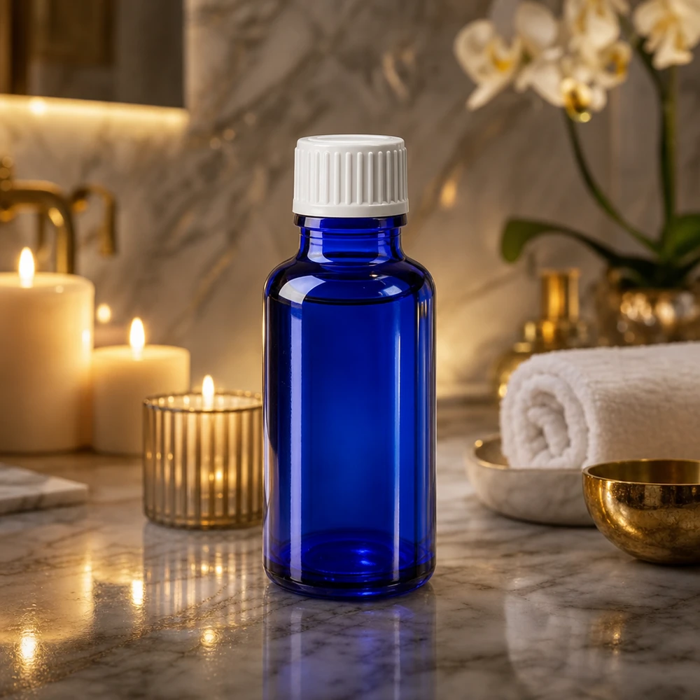 Apothekenflasche blau 20ml Schraubverschluss weiß Globuli Standard Lichtschutz-Glasflasche in Blau 20ml mit weißem Apothekerverschluss für Naturkosmetik