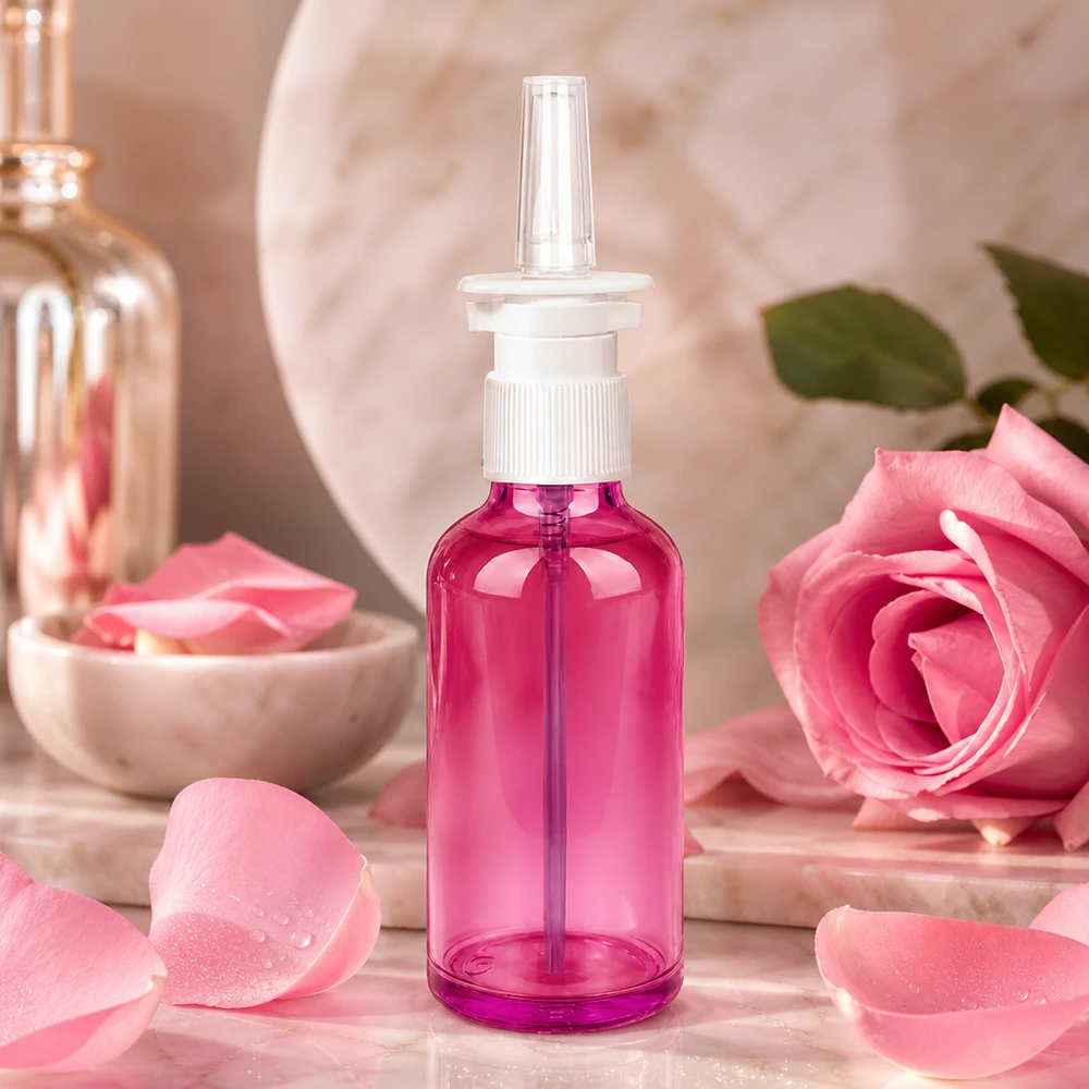 50ml Nasensprayflasche weiß/transparent Standard PurpleLine. UT18/50 Pharmazeutische Verpackungslösung 50ml mit STD-Gewinde in Purple für Nasenspray-Produkte