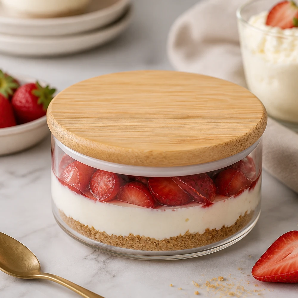 Holzdeckel (Buche) unbedruckt für WECK RR80 WECK Holzdeckel RR80 Version A mit Erdbeerkuchen im Glas - praktische Anwendung für Desserts und Aufbewahrung