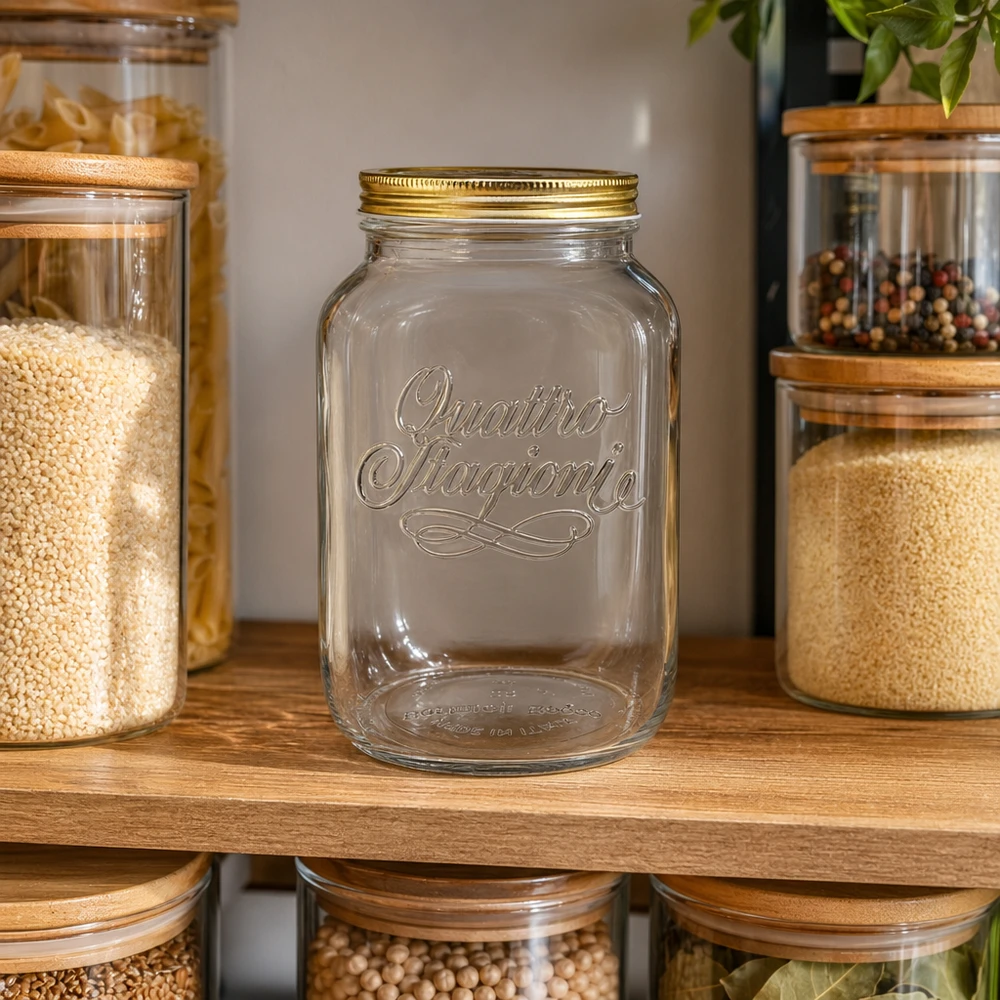 3800ml Rundglas "Quattro Stagioni" mit Deckel Quattro Stagioni 3800ml Vorratsglas leer auf Holzregal zwischen gefüllten Aufbewahrungsgläsern mit Gewürzen und Getreide