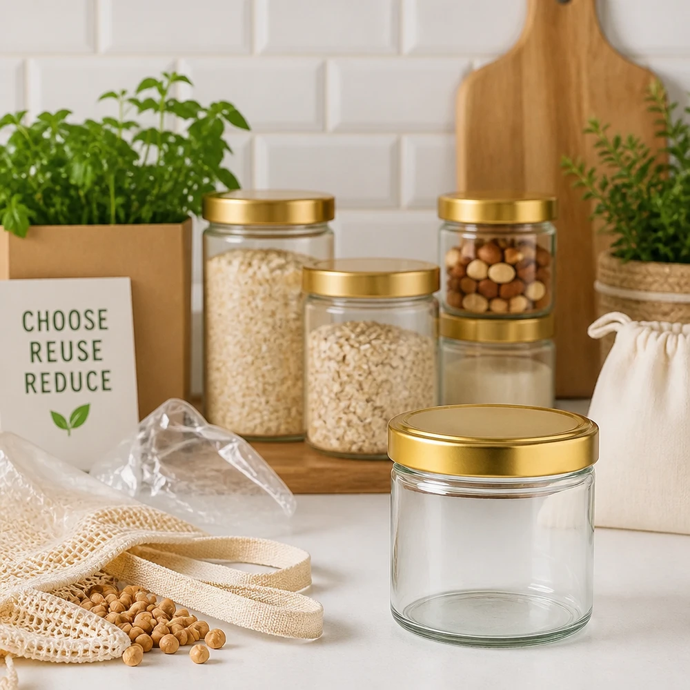 230ml Zylinderglas + BasicSeal Deckel gold UT 230ml Zylinderglas mit goldenem Deckel in nachhaltiger Zero-Waste Küche zwischen Vorratsglasern und Öko-Produkten