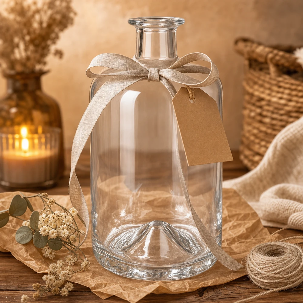 700ml Glasflasche Sofia leer mit dekorativer Schleife und Geschenkanhänger in gemütlicher Ambiente-Inszenierung