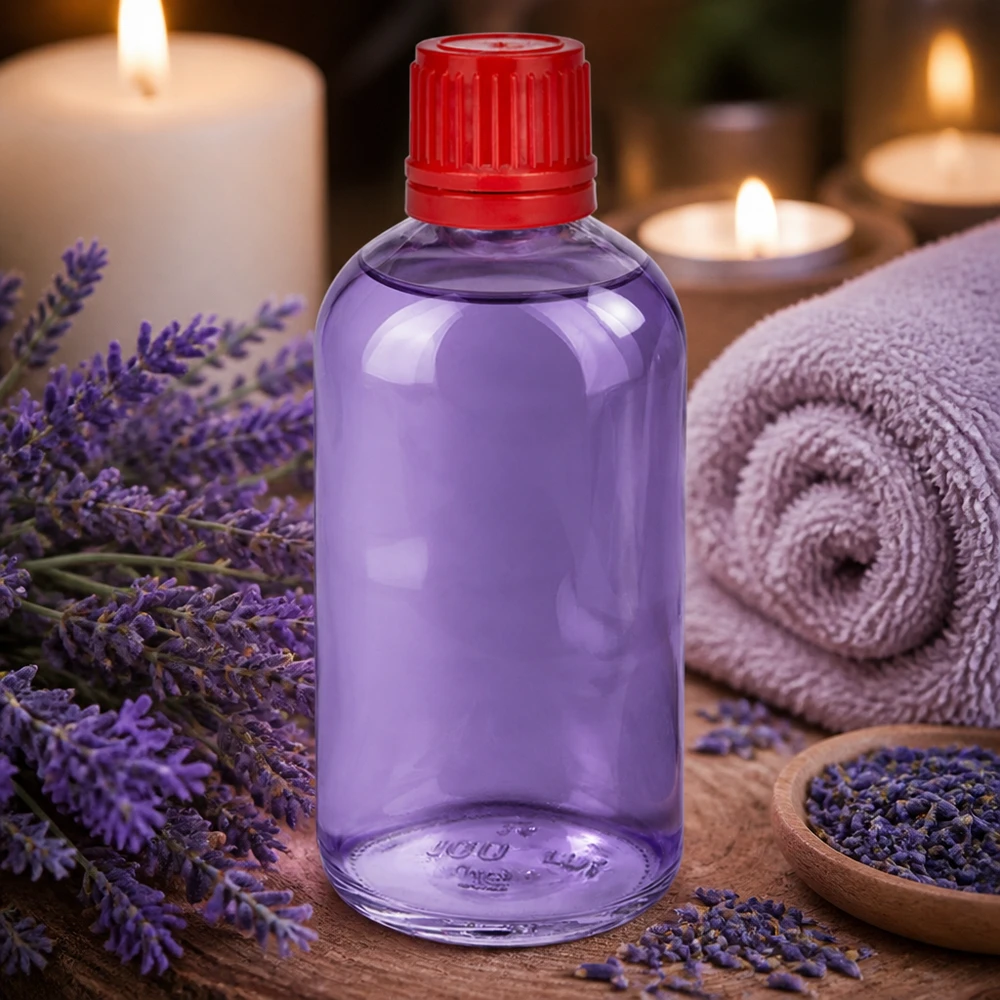 Runde 100ml UT18 Flasche mit rotem OV auf Holzoberfläche mit getrocknetem Lavendel