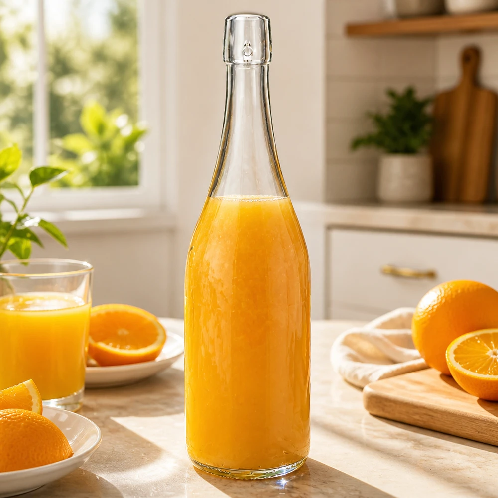750ml UNiTWIST Glasflasche mit frischem Orangensaft befüllt helle Küche Frühstück Vitamin C gesunde Ernährung