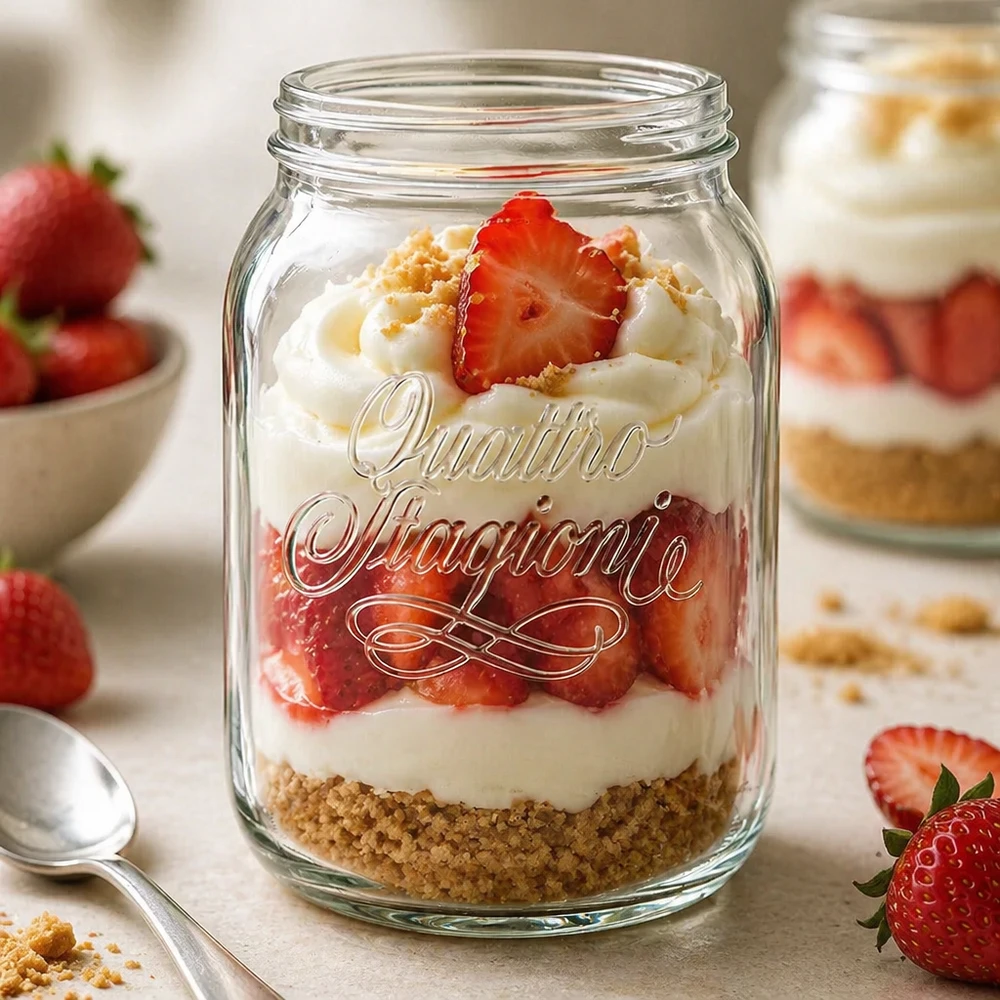 2000ml Rundglas "Quattro Stagioni" QS110mm Quattro Stagioni Glas 2000ml mit Erdbeer-Dessert befüllt - vielseitiges Haushaltsglas für Einmachen und Dekoration