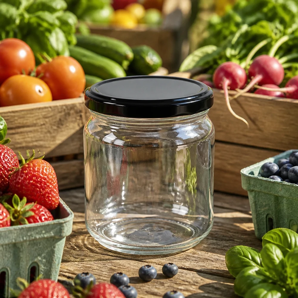 212ml Rundglas mit schwarzem BasicSeal Deckel leer inmitten frischer Gartenprodukte Beeren und Gemüse auf Holztisch