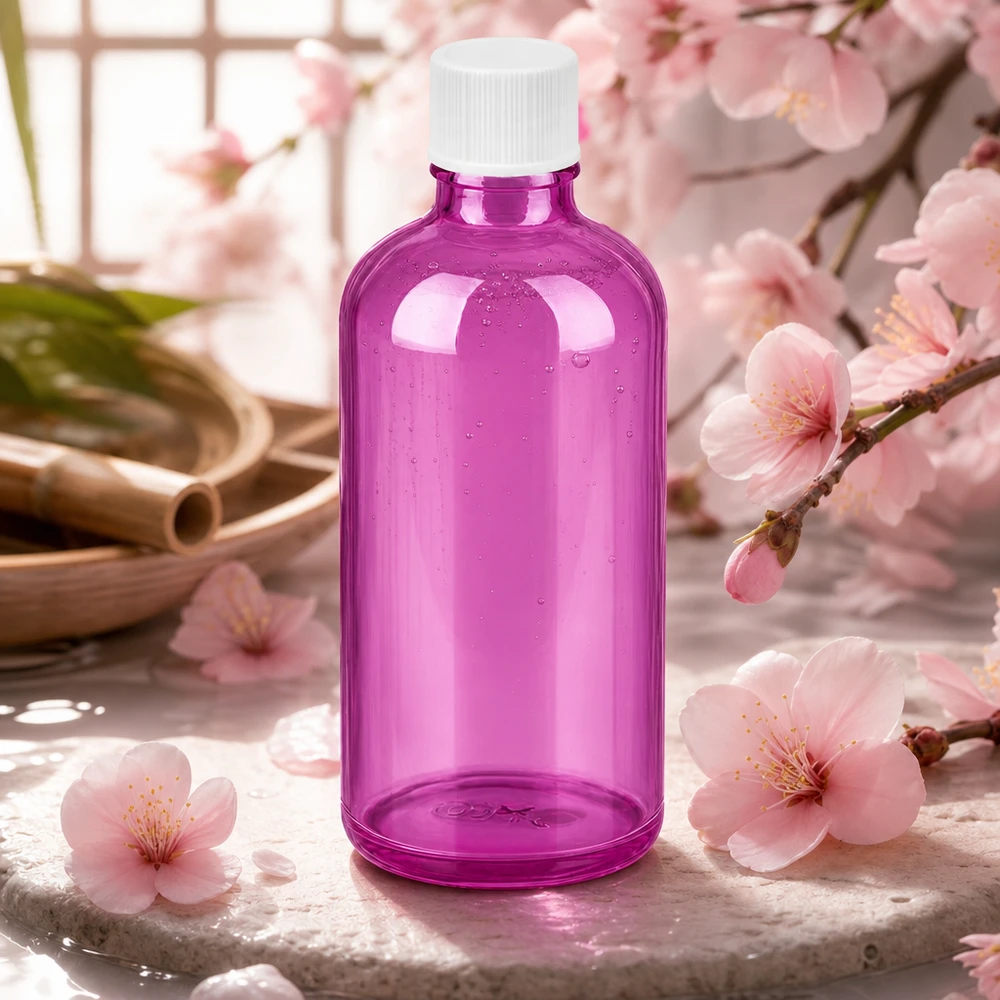Stilvolle 100ml Glasflasche PurpleLine Serie mit weißem Deckel für exklusive Hautpflegeprodukte