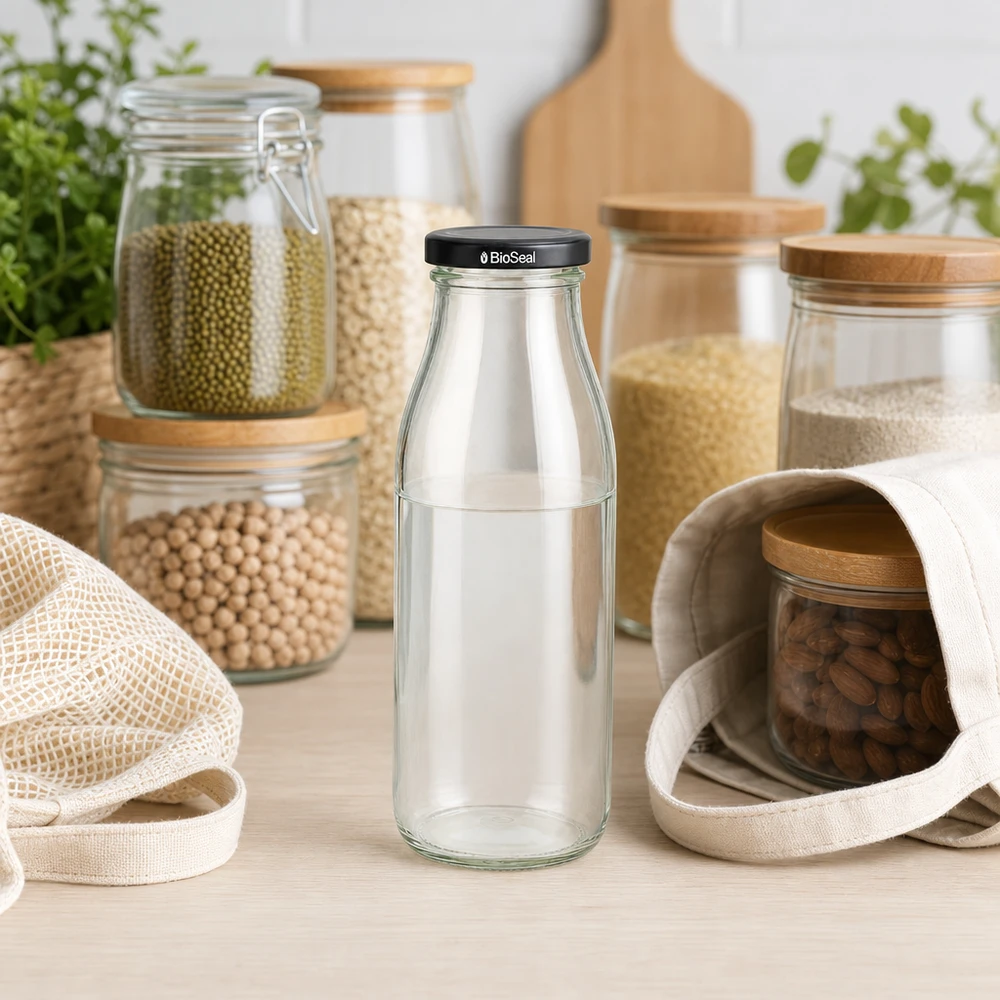500ml Glasflasche mit schwarzem BioSeal Deckel in nachhaltiger Küchenumgebung mit Vorratsgläsern und Jutebeuteln