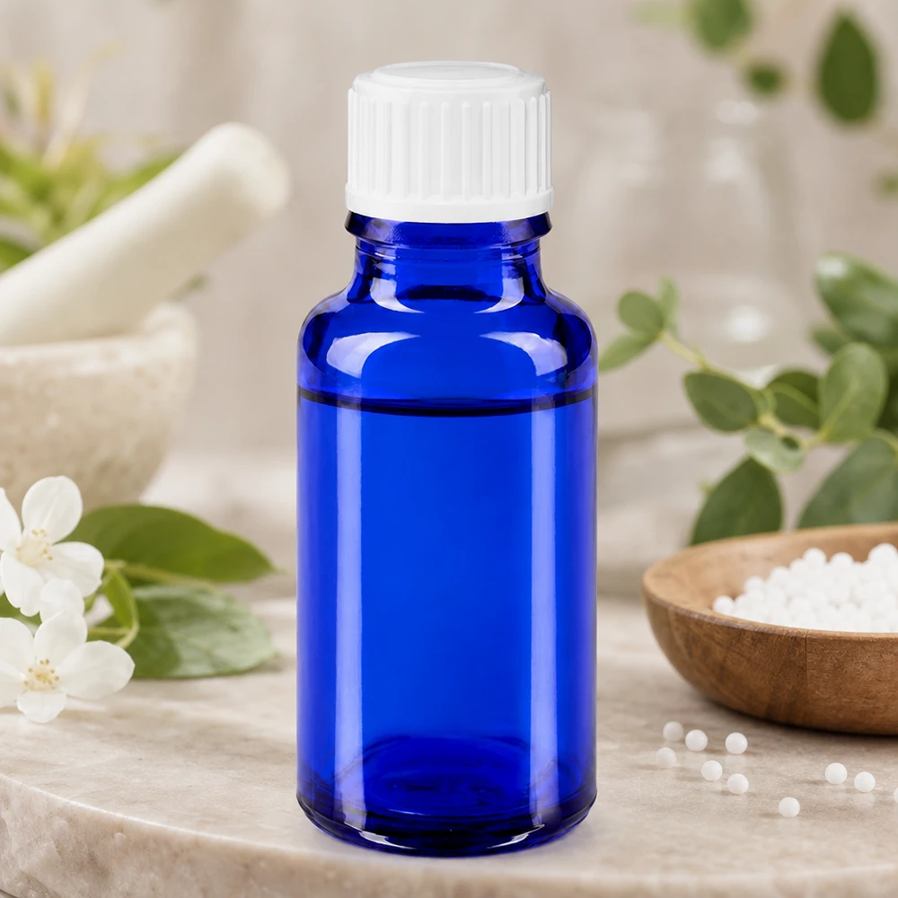 Apothekenflasche blau 20ml Schraubverschluss weiß Standard Blaue Tropfflasche 20ml für Aromatherapie zwischen weißen Blüten und grünen Kräutern