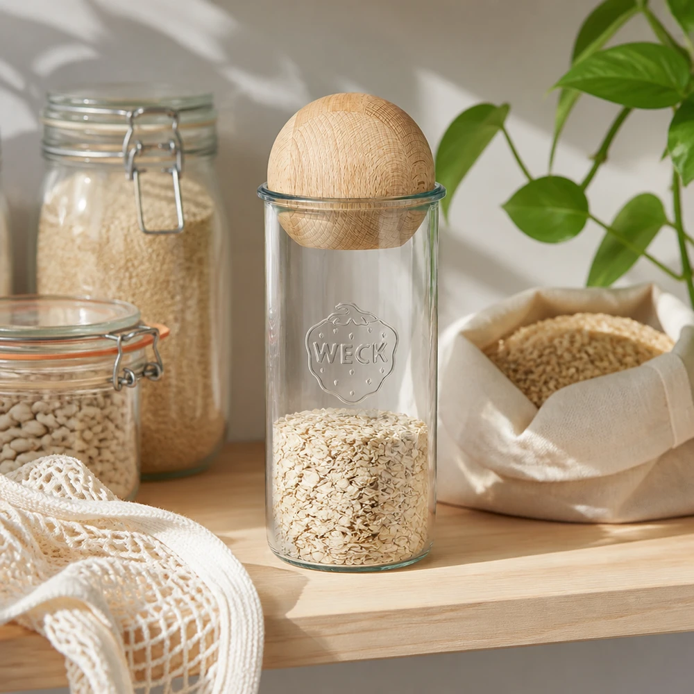 WECK Sturzglas 1500ml RR100 mit Haferflocken gefüllt, Holzkugel Buche Deckel, Zero-Waste Küche Vorratshaltung