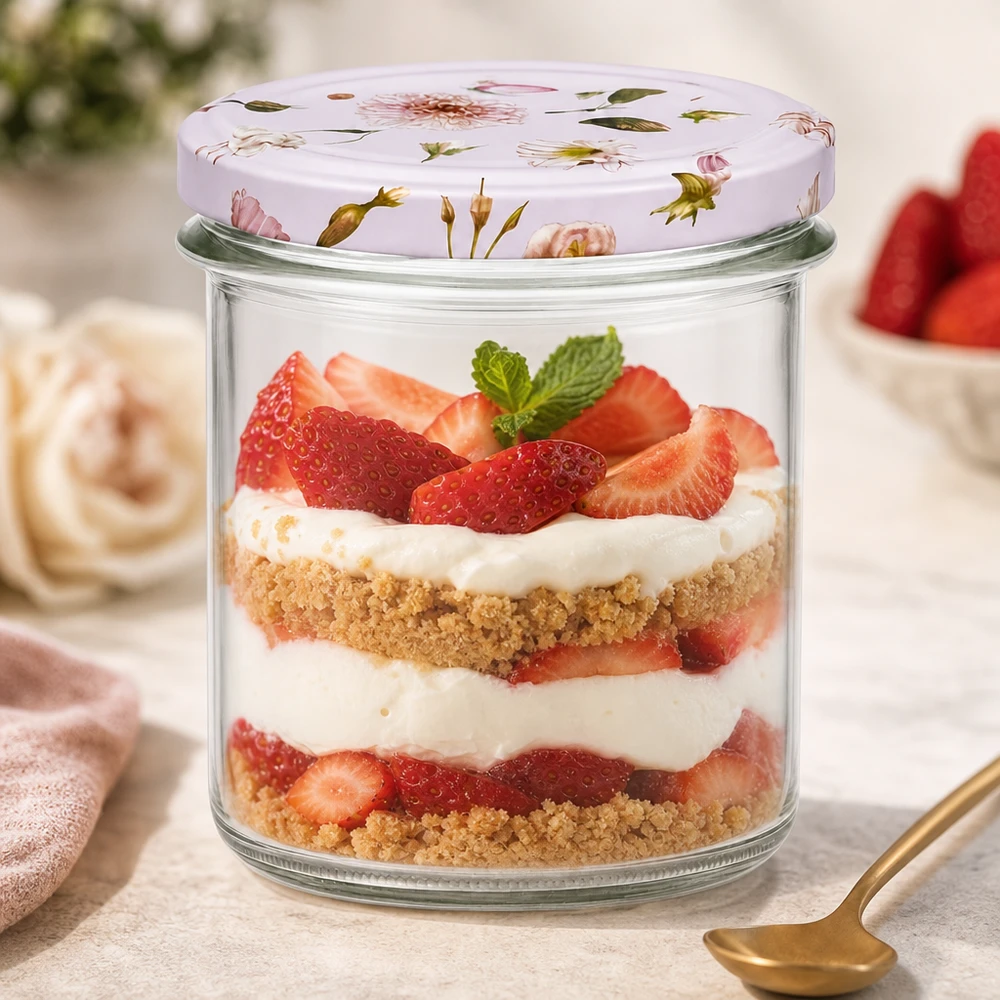 350ml Sturzglas + BasicSeal Deckel Blume rosa UNiTWIST 350ml Sturzglas rosa Blumendeckel Dessert Erdbeeren Sahne Schichtdessert Einmachglas Nachtisch Tiramisu Glas