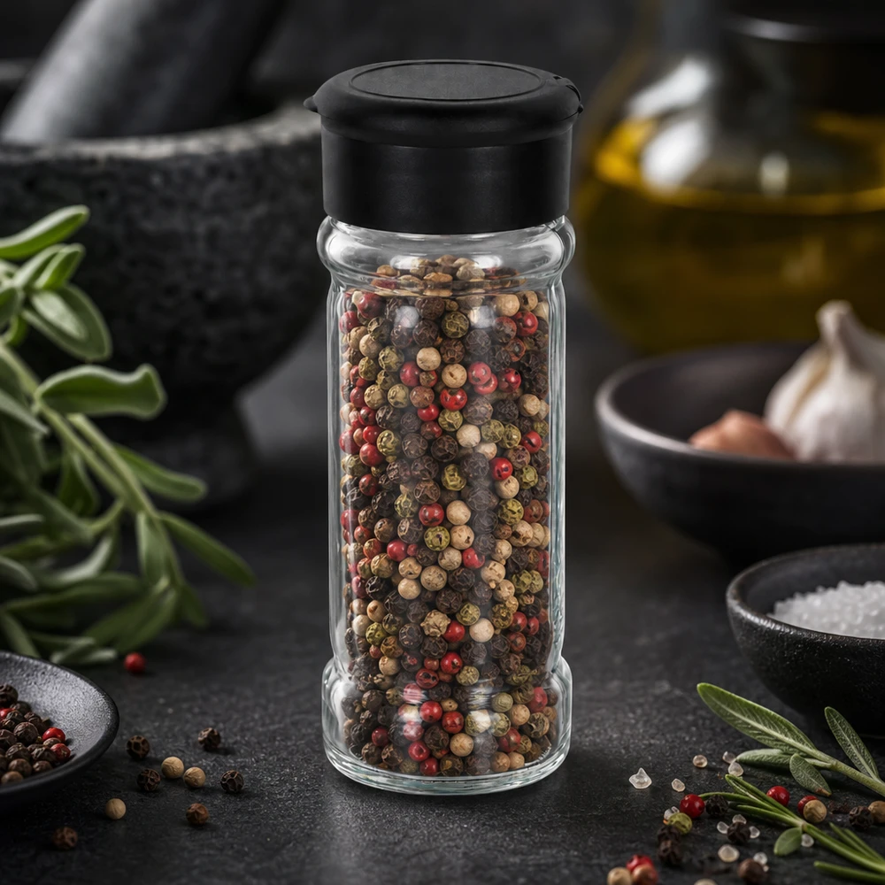 Salz-/Gewürzglas 100ml mit Streuer schwarz Zylindrisches Salzglas 100ml mit schwarzem Streueraufsatz in rustikaler Küchenstillleben Umgebung