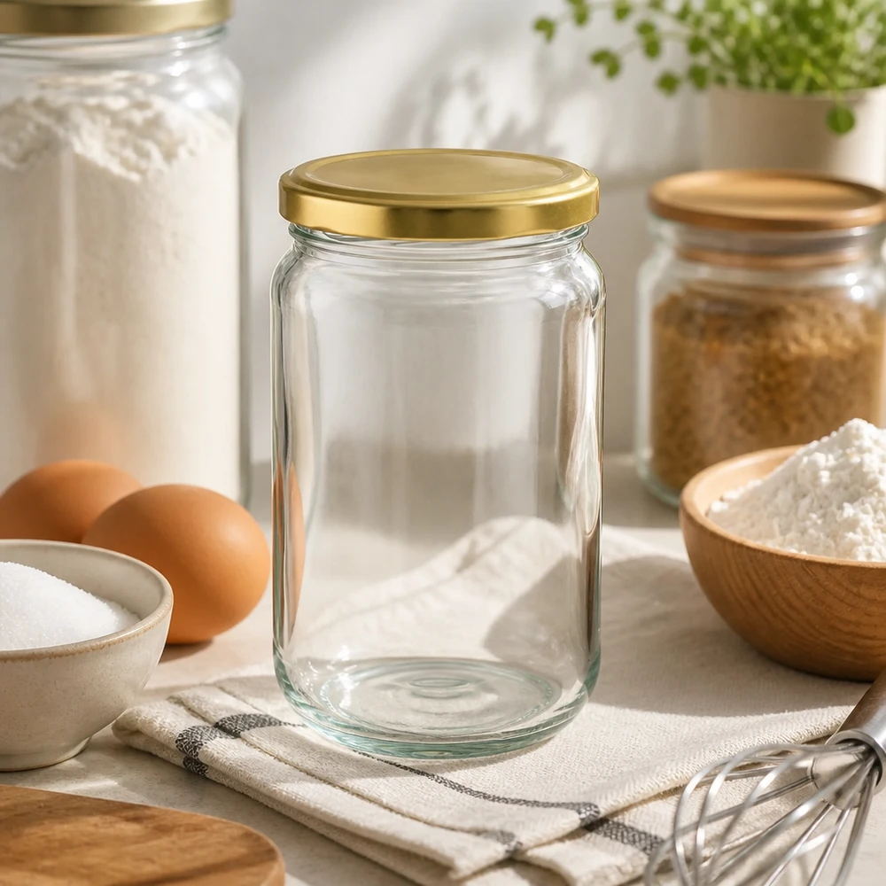 305ml Rundglas mit BasicSeal Deckel gold UNiTWIST 305ml Rundglas UNiTWIST mit goldnem Deckel in moderner Küche - perfekt zum Backen und Kochen mit Eiern und Mehl