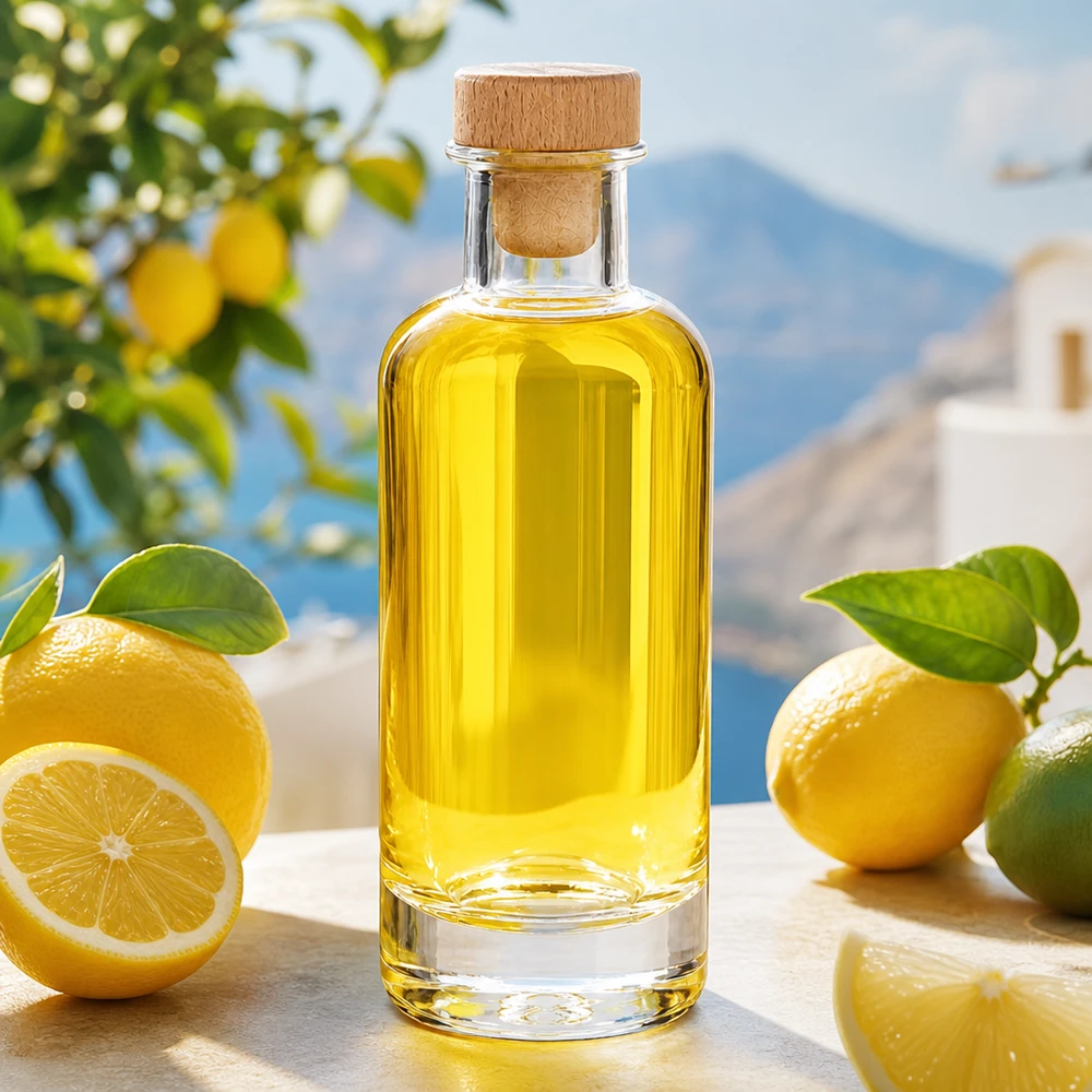 Glasflasche Ella 200ml mit Holzkorken gefüllt mit gelbem Öl umgeben von frischen Zitronen in mediterraner Kulisse
