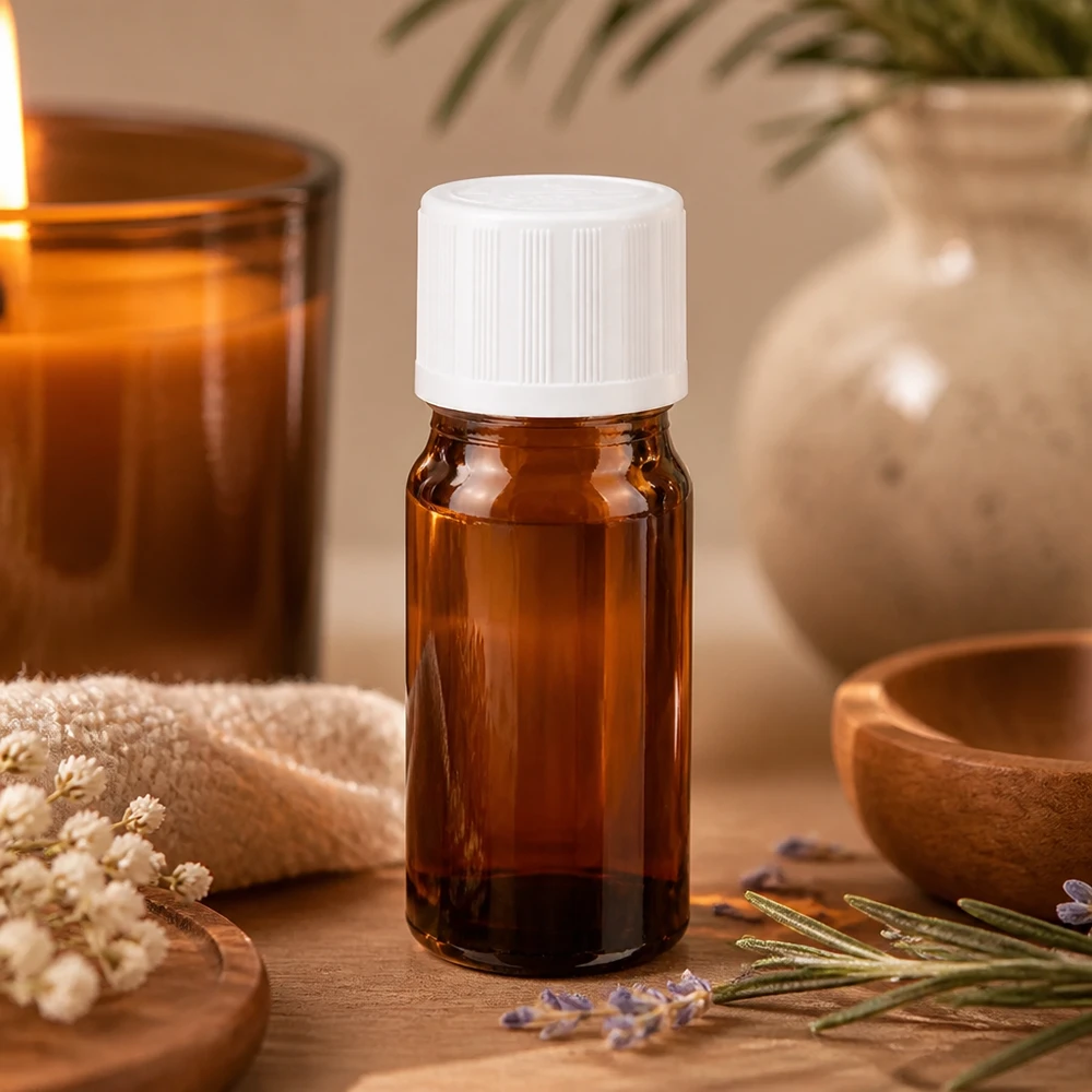 Apothekenflasche braun 5ml Tropfverschluss weiß Kindersicherung Standard 5ml ätherisches Öl Flasche Braunglas mit weißem KiSi-Tropfverschluss zwischen getrockneten Blüten