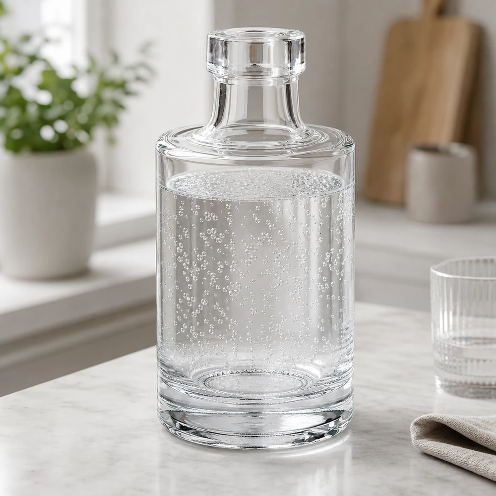 100ml Glasflasche "Marie" ohne Verschluss UNiTWIST 100ml Glasflasche Marie mit klarem Wasser und Kohlensäurebläschen in eleganter Küchenambiente mit Glasdeckel