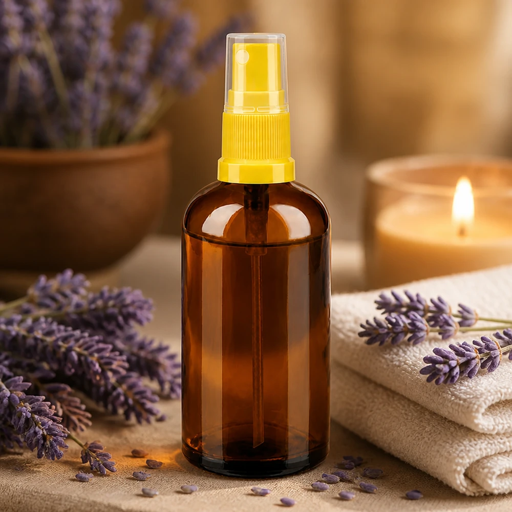 Umweltfreundliche 100ml Glassprayflasche braun transparent mit Dosiersprüher für Naturkosmetik