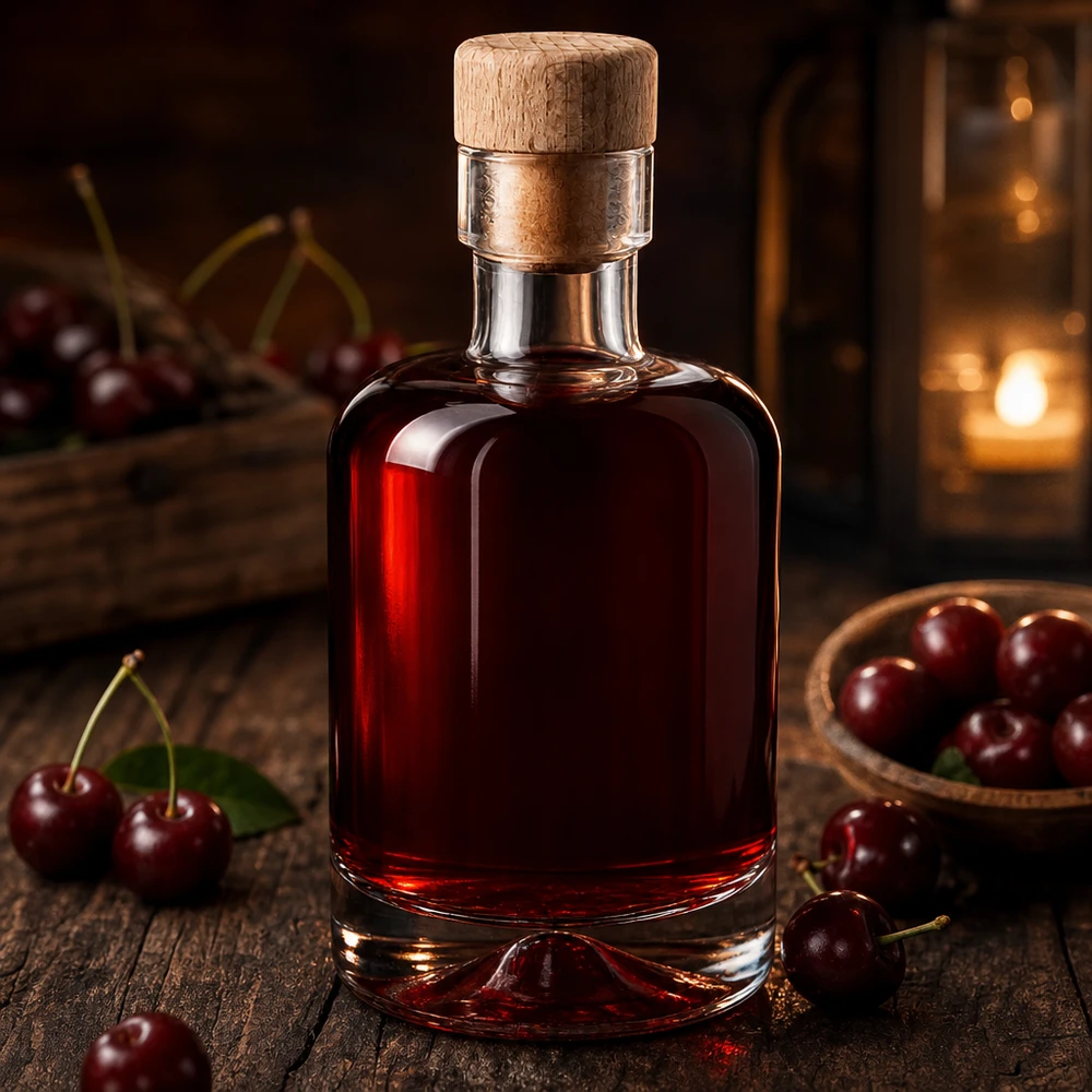 50ml Glasflasche Amelie mit dunkelrotem Kirschlikör gefüllt zwischen frischen Kirschen rustikal auf Holz arrangiert