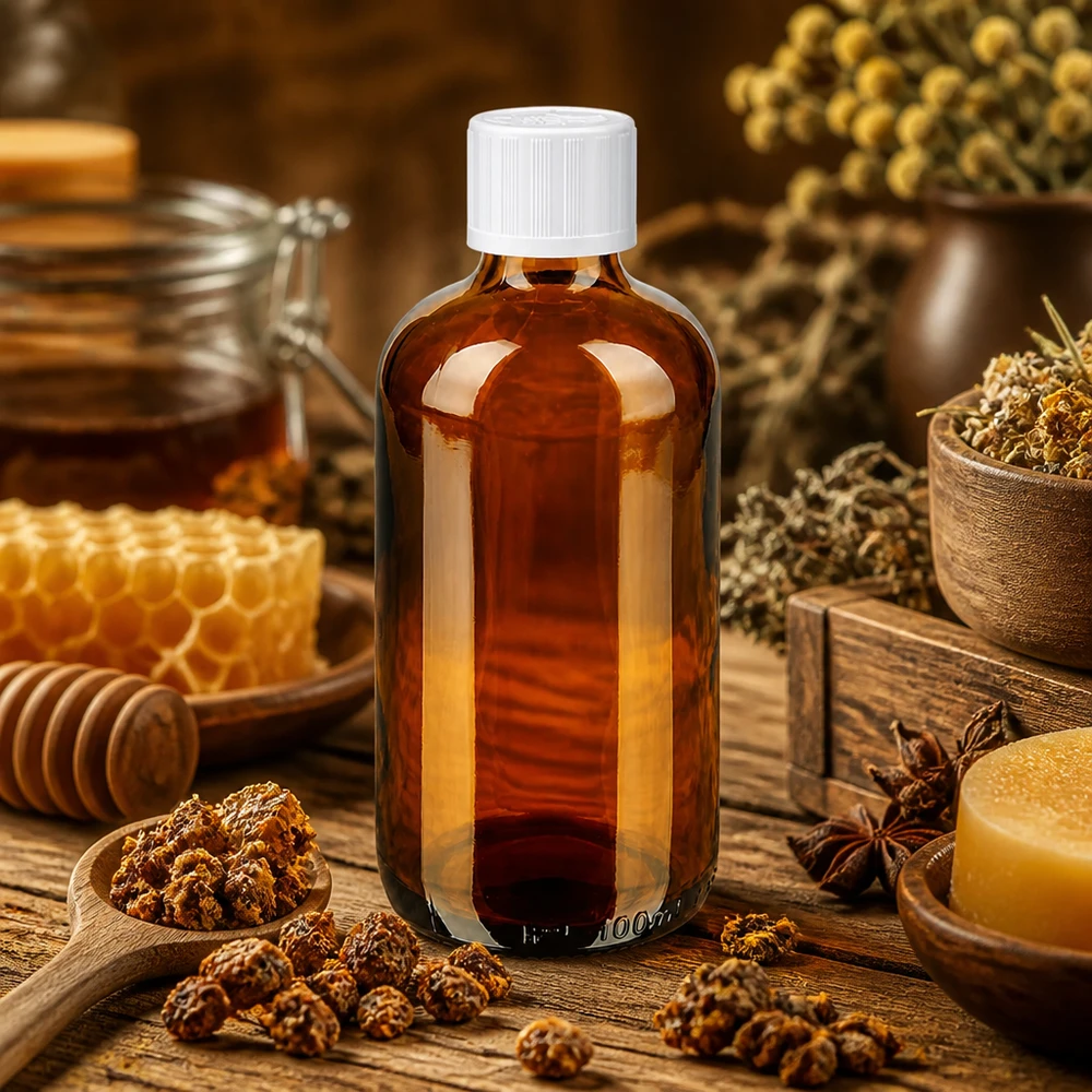 Apothekenflasche braun 100ml Schraubverschluss weiß Kindersicherung Standard Kleine Braunglasflasche 100ml weißer Schraubverschluss Kindersicherung mit Honig Kräuter Propolis