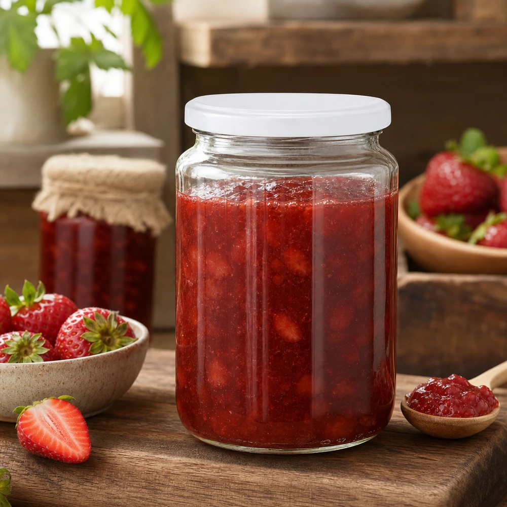 795ml Rundglas UNiTWIST mit Erdbeermarmelade befüllt zeigt ideale Eignung für selbstgemachte Konfitüre und Einkochen