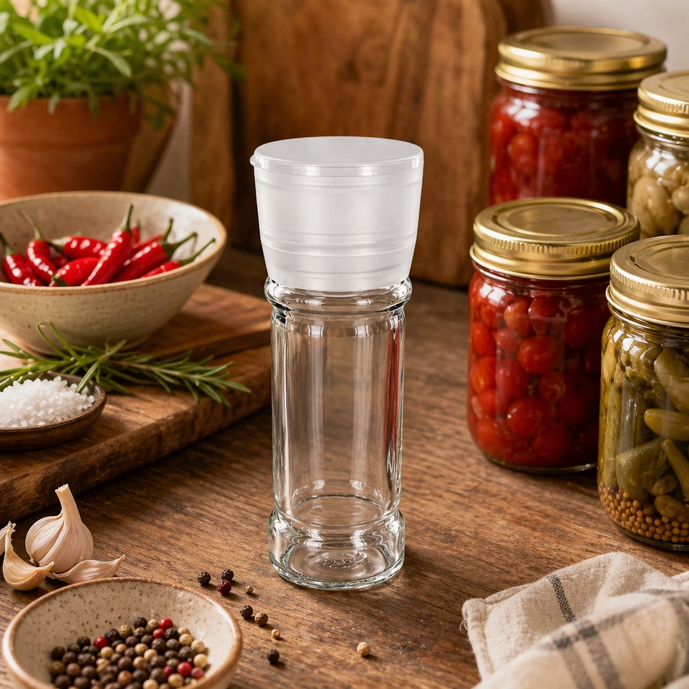 Leere Salzmühle aus Glas 100ml mit weißem Vario Aufsatz im rustikalen Küchensetting