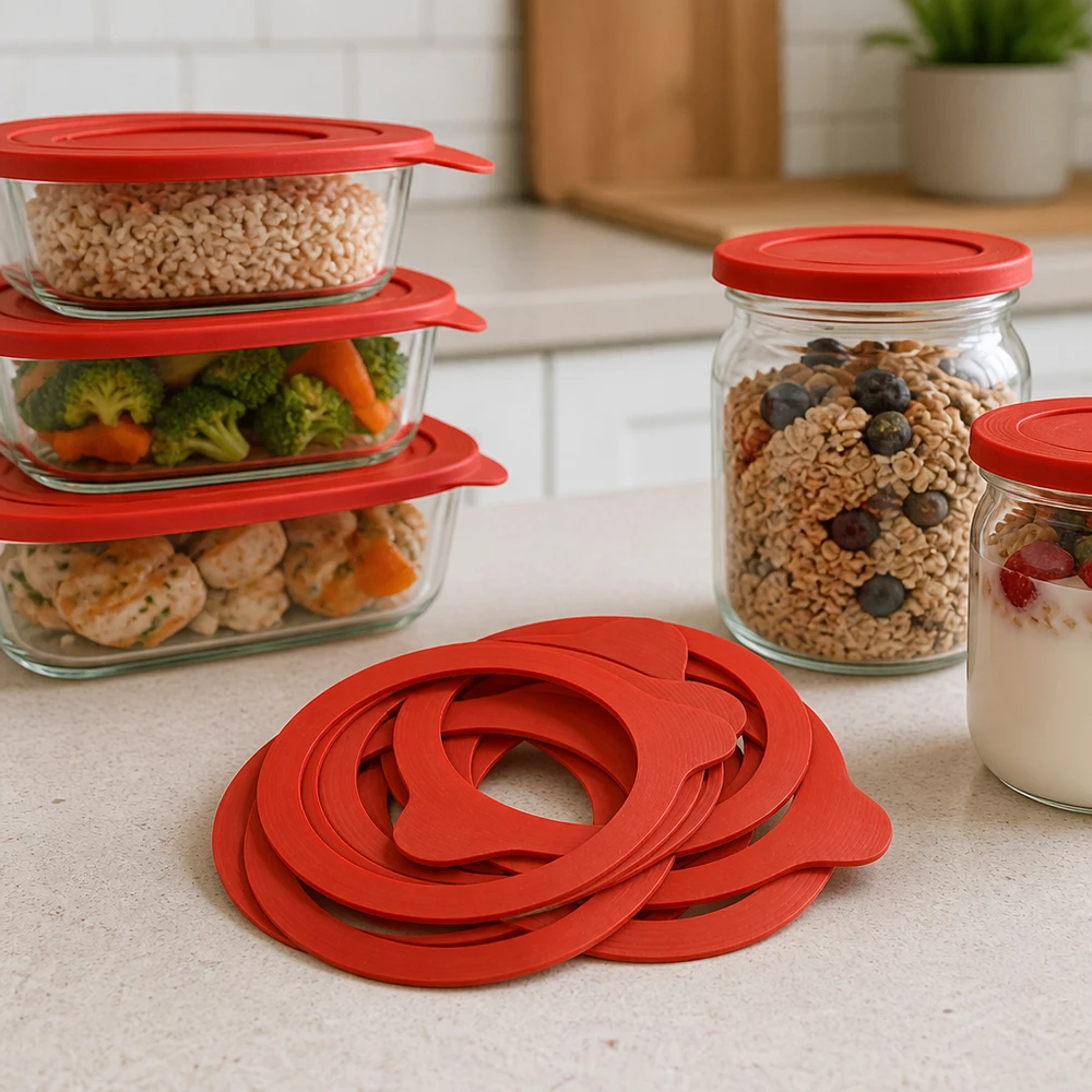 Einkochring RR80 Naturgummi rot mehrere Ringe auf Küchenarbeitsplatte mit Vorratsgläsern Müsli Gemüse Meal Prep