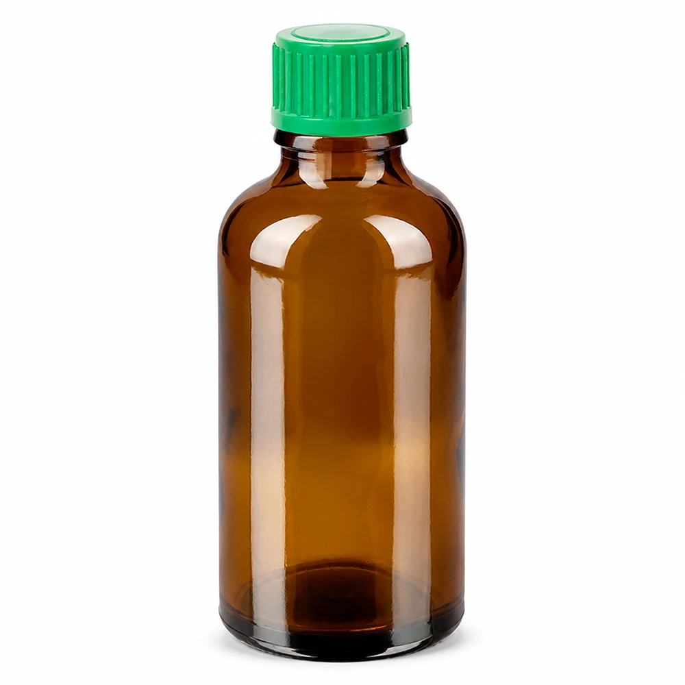 Braune 50ml Glasflasche mit grünem Tropfverschluss BrownLine Serie STD Ausführung
