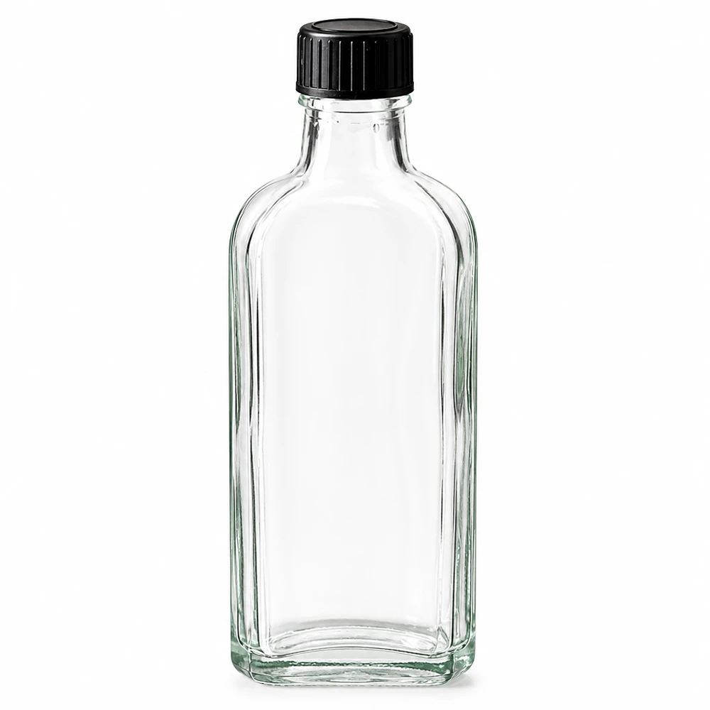 100 ml Meplat klar Schraubverschluss mit LKD-Dichtscheibe Hochwertige Meplat Glasflasche 100ml klar mit schwarzem Kunststoffschraubverschluss