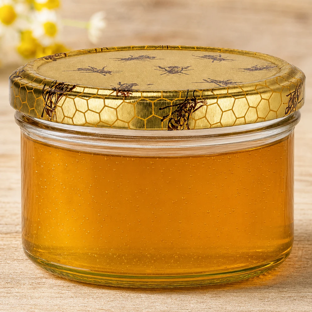 Honigglas 300g mit goldgelbem Honig und Bienenwaben-Deckel, Nahaufnahme der Glasstruktur und Honigkonsistenz