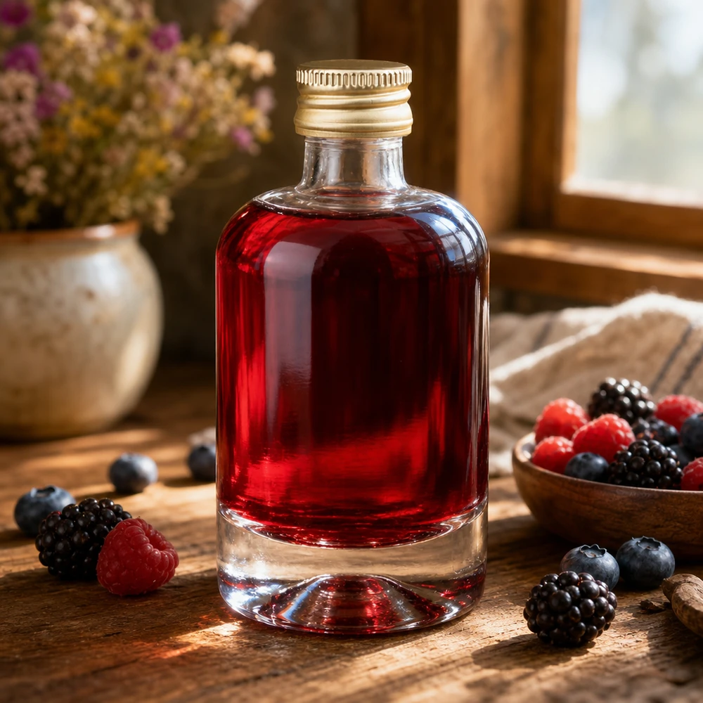 40ml Glasflasche "Sara" mit Schraubverschluss gold UNiTWIST 40ml Glasflasche Sara mit rotem Beerenlikör gefüllt - goldener UNiTWIST Verschluss umgeben von frischen Waldbeeren