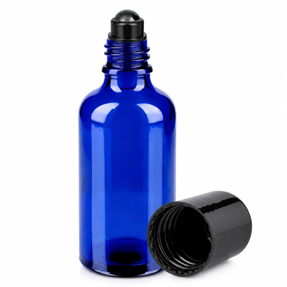 Roll-On Flasche 50ml STD BlueLine UT18/50 aus UV-schützendem blauem Glas mit schwarzem Rollball