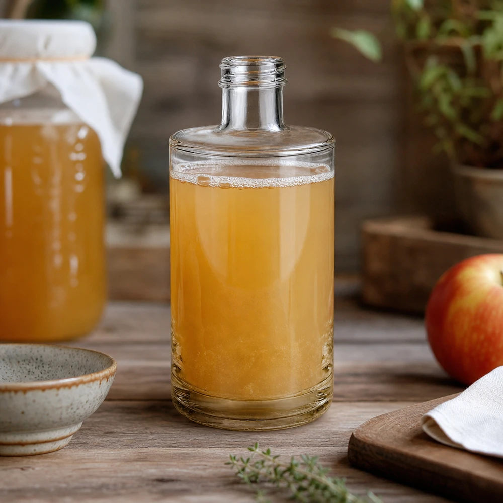 375ml Glasflasche Sam mit Apfelsaft gefüllt auf rustikalem Holztisch mit frischem Apfel und Keramikschale dekoriert