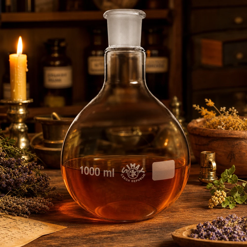 Chemie-Stehkolben aus hitzebeständigem Glas mit goldener Substanz und Normschliffverbindung