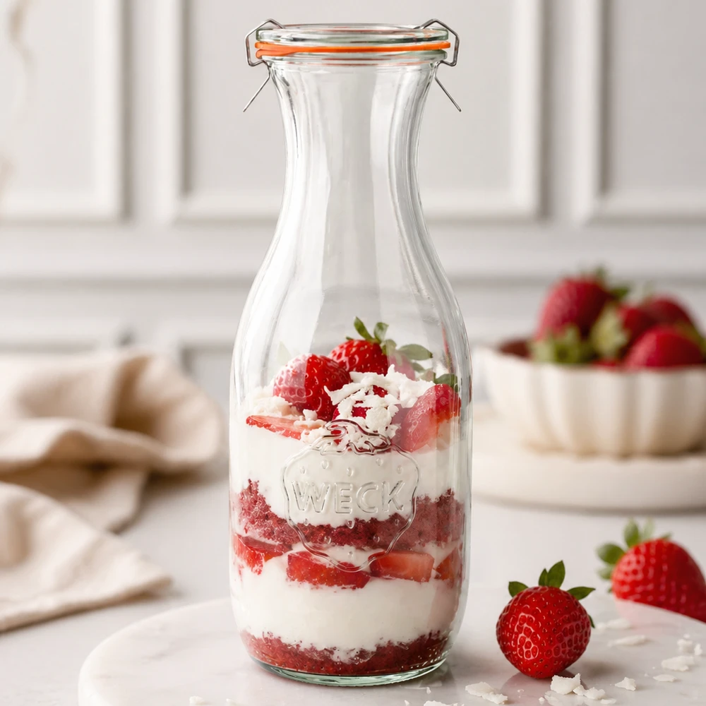 WECK Saftflasche 1062ml RR60 als Dessertglas mit Erdbeer-Sahne-Schichtdessert gefüllt Küchenhintergrund weiß