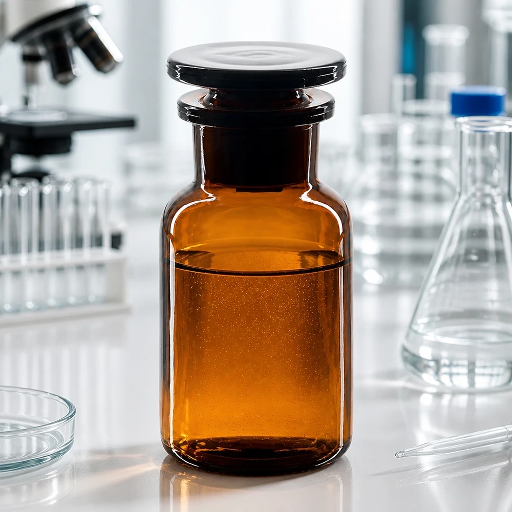 Rundschulterfl. 100ml braun Weithals Glasstopfen Bernsteinglas Weithalsflasche 100ml Rundschulter mit schwarzem Stopfen auf weißer Laborfläche