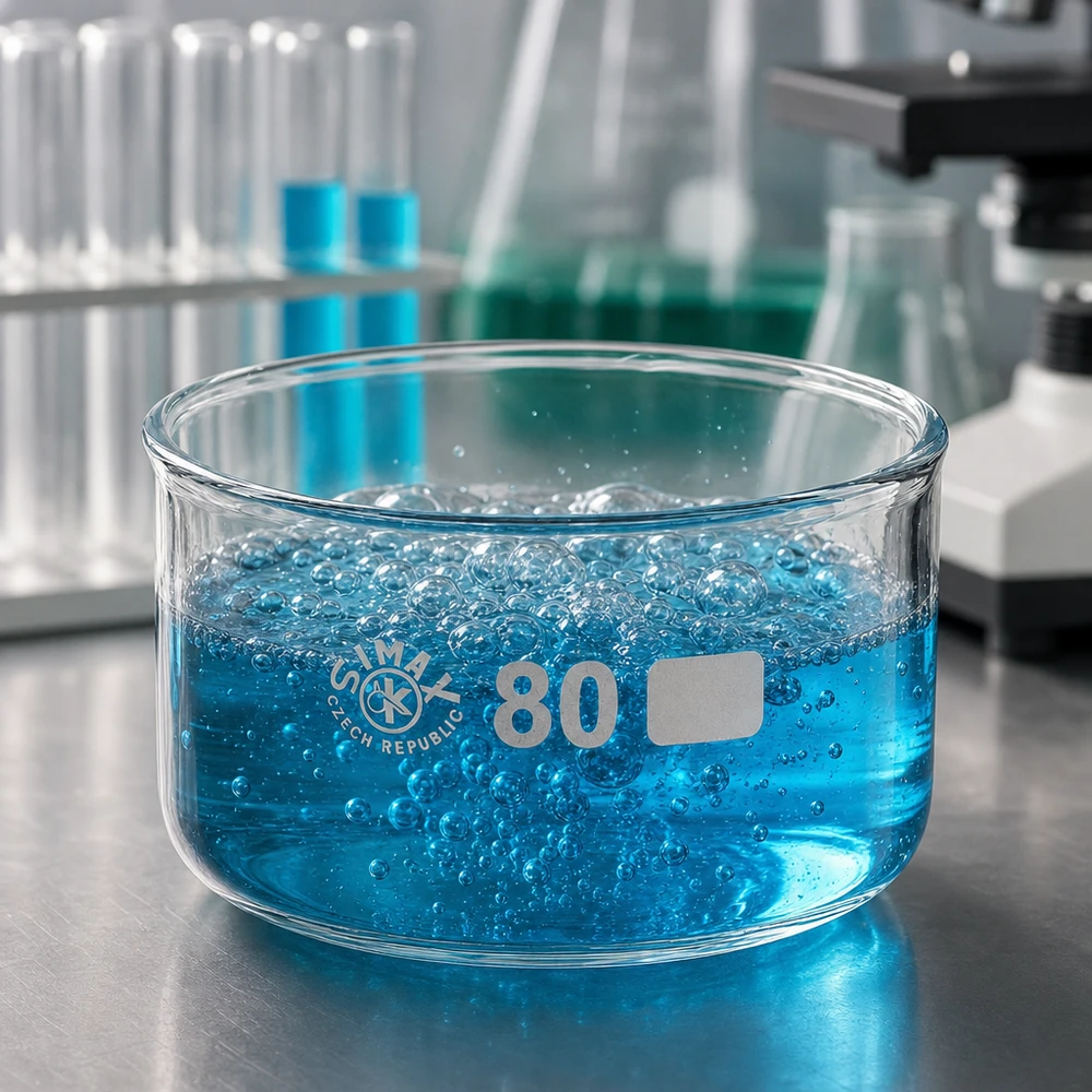 150ml Kristallisierschale ohne Ausguss Borosilikat ø80mm Flache Borosilikatglas-Schale 80mm mit blauer brodelnder Lösung für chemische Analysen
