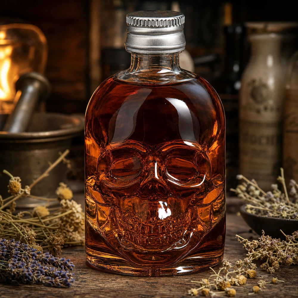 50ml Glasflasche Hector mit bernsteinfarbener Flüssigkeit zwischen Kräutern und Gewürzen in apothekerähnlicher Atmosphär