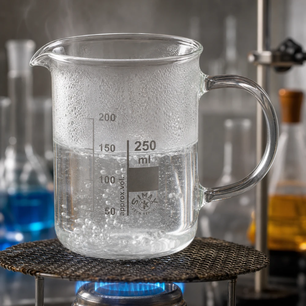 Becherglas mit Henkel 250ml aus Borosilikatglas thermostabil auf Brenner mit Laborzubehör
