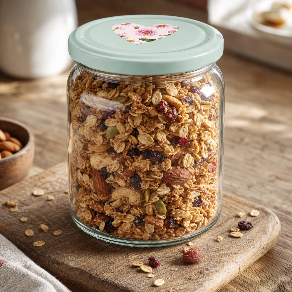 408ml Rundglas mit BasicSeal Deckel Herz mint gefüllt mit Müsli und Nüssen als Vorratsglas für Frühstück