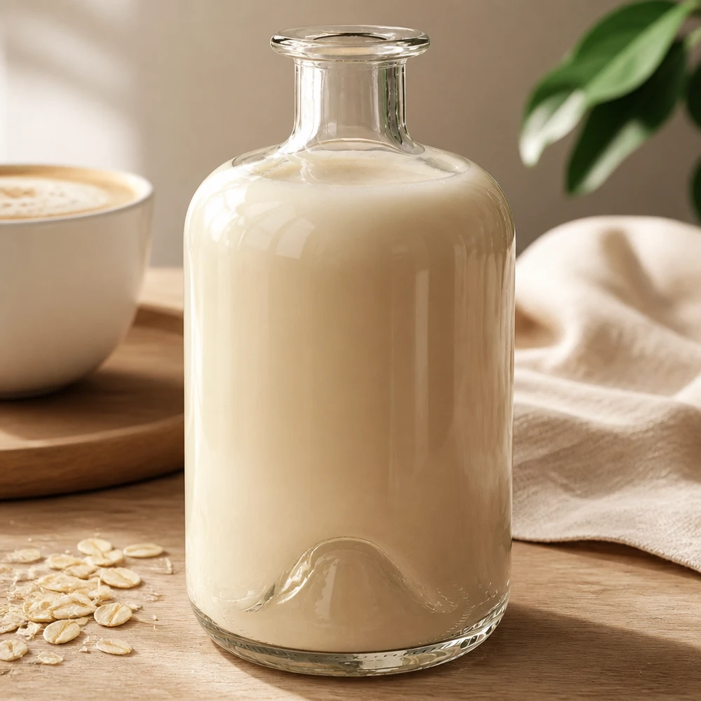 500ml Glasflasche "Luna" ohne Verschluss UNiTWIST Apothekerflasche Luna 500ml mit cremiger Hafermilch gefüllt neben Kafeetasse und Haferflocken auf Holztisch