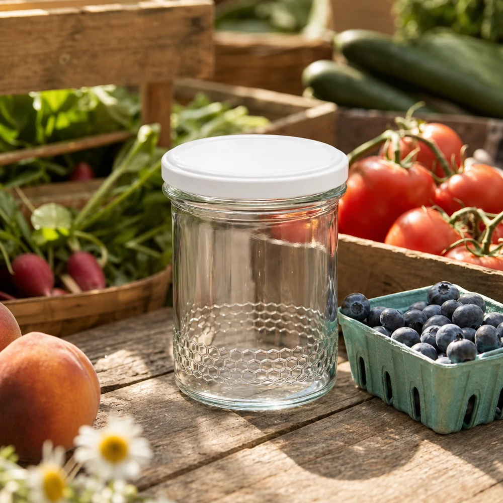560g Honigglas + BasicSeal Deckel weiß UNiTWIST 400ml Honigglas mit weißem Deckel auf Holztisch zwischen frischen Früchten Blaubeeren Tomaten Outdoor-Szene