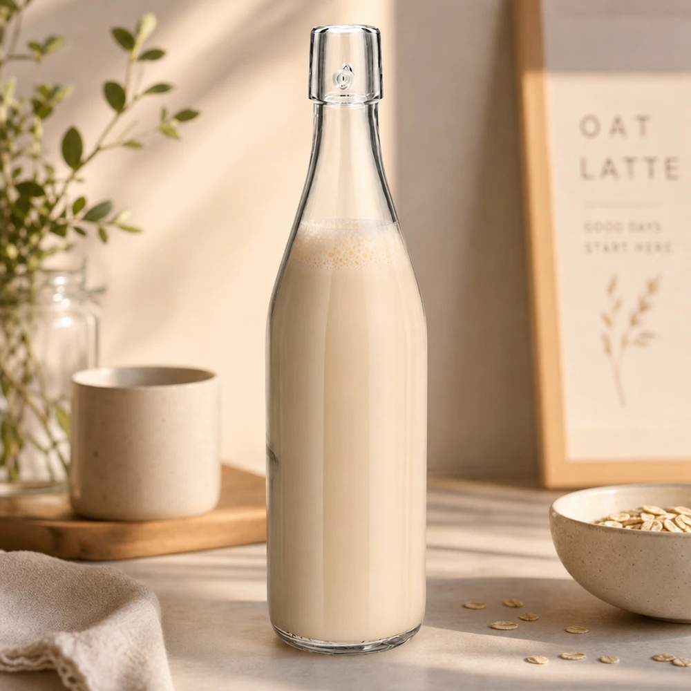 500ml Glasflasche ohne Bügelverschluss UNiTWIST® 500ml UNiTWIST Glasflasche mit Hafermilch befüllt in natürlicher Küche mit Haferflocken als gesunde Lifestyle-Szene