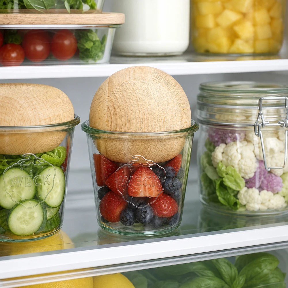 580ml Sturzglas WECK RR100 mit Holzkugel Buche WECK Sturzglas RR100 580ml mit Buchenholzkugel zur Frischehaltung von Beeren und Gemüse im Kühlschrank