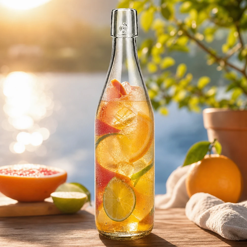 500ml UNiTWIST Glasflasche mit Eistee und Früchten befüllt im Freien als sommerliche Erfrischung mit Zitrusfrüchten