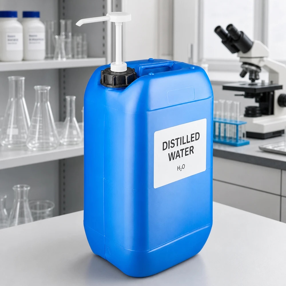 Tragbarer 15L Flüssigkeitsbehälter blau mit Pumpaufsatz auf weißer Laborarbeitsfläche